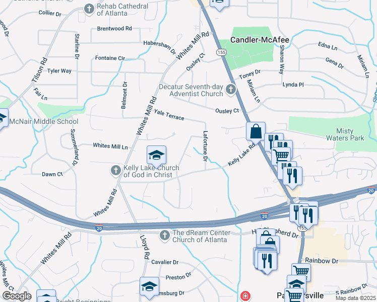 map of restaurants, bars, coffee shops, grocery stores, and more near 2432 Kelly Lake Drive in Decatur