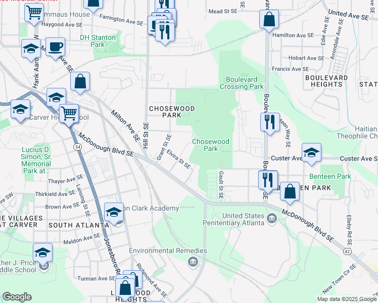 map of restaurants, bars, coffee shops, grocery stores, and more near 1346 Miller Reed Avenue Southeast in Atlanta