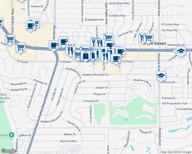 map of restaurants, bars, coffee shops, grocery stores, and more near 73399 Shadow Mountain Drive in Palm Desert