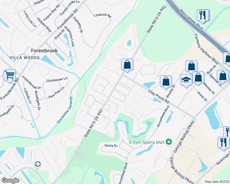 map of restaurants, bars, coffee shops, grocery stores, and more near 801 Burcale Road in Myrtle Beach