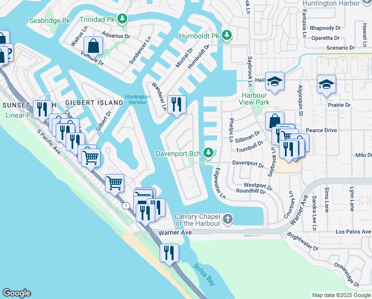 map of restaurants, bars, coffee shops, grocery stores, and more near 16802 Kamalii Drive in Huntington Beach