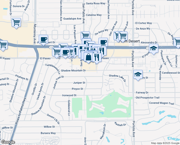 map of restaurants, bars, coffee shops, grocery stores, and more near 73535 Joshua Tree Street in Palm Desert