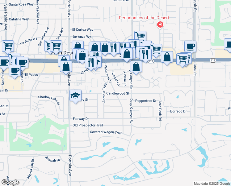 map of restaurants, bars, coffee shops, grocery stores, and more near 45559 Panorama Drive in Palm Desert