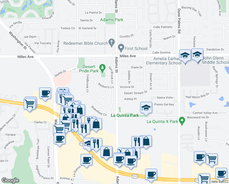 map of restaurants, bars, coffee shops, grocery stores, and more near 45430 Sunbrook Lane in La Quinta