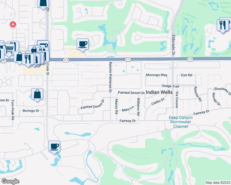 map of restaurants, bars, coffee shops, grocery stores, and more near 45540 Rancho Palmeras Drive in Indian Wells