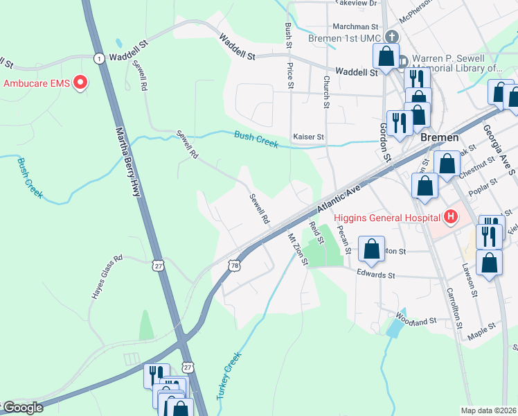 map of restaurants, bars, coffee shops, grocery stores, and more near 108 Sewell Road in Bremen