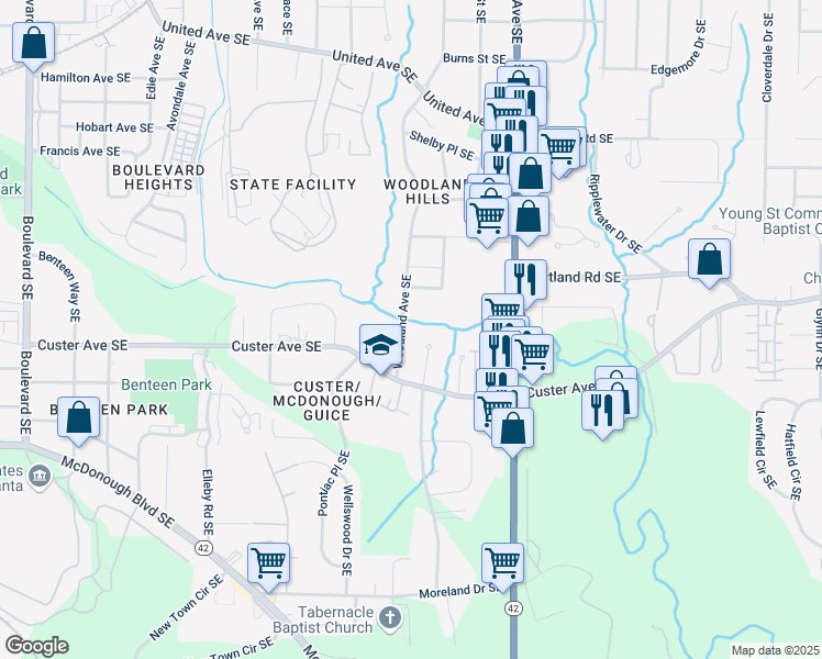 map of restaurants, bars, coffee shops, grocery stores, and more near 1354 Woodland Avenue Southeast in Atlanta