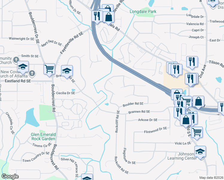map of restaurants, bars, coffee shops, grocery stores, and more near 2426 Rockcliff Road Southeast in Atlanta