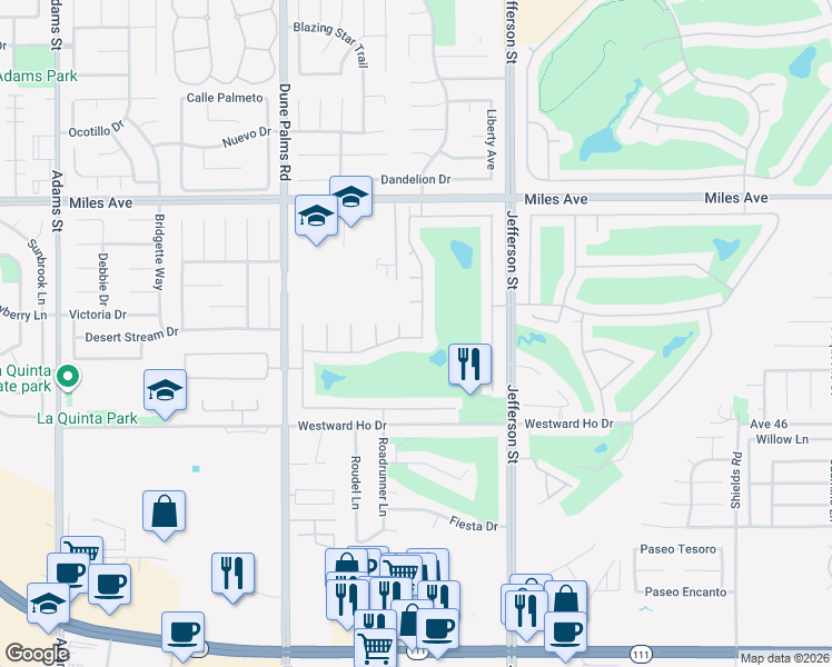 map of restaurants, bars, coffee shops, grocery stores, and more near 45595 Banff Springs Street in Indio