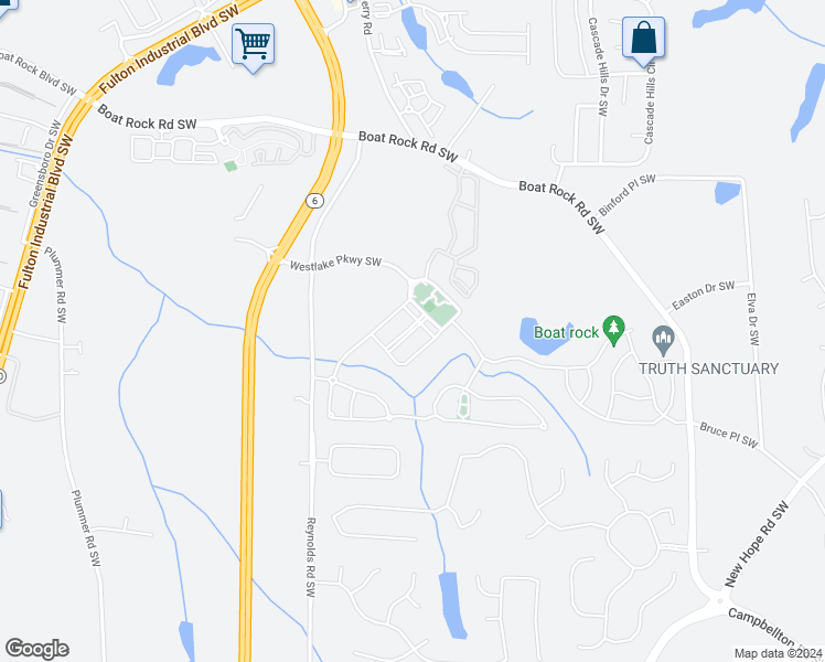 map of restaurants, bars, coffee shops, grocery stores, and more near 437 Fern Bay Drive Southwest in Atlanta