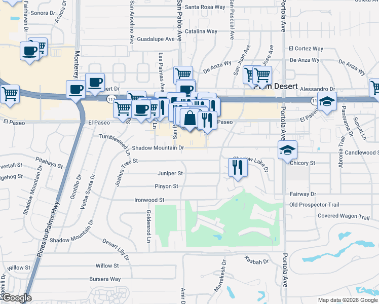 map of restaurants, bars, coffee shops, grocery stores, and more near 73535 Joshua Tree Street in Palm Desert