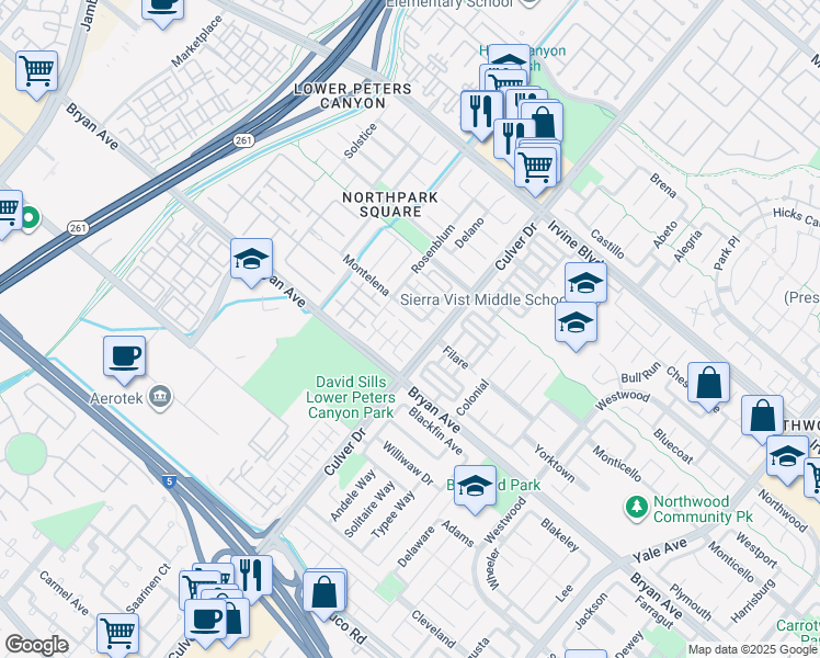 map of restaurants, bars, coffee shops, grocery stores, and more near in Irvine