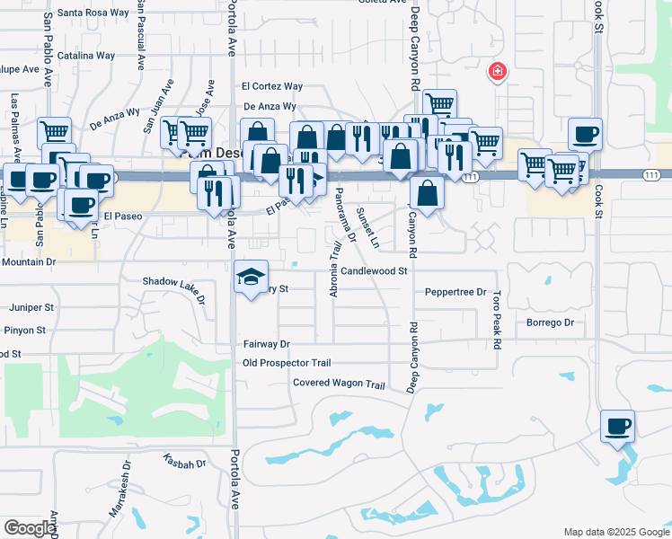 map of restaurants, bars, coffee shops, grocery stores, and more near 74300 Chicory Street in Palm Desert