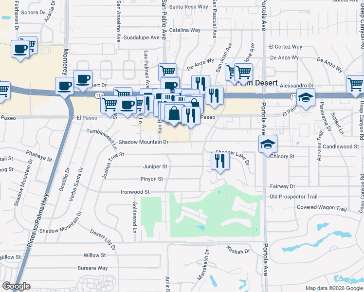 map of restaurants, bars, coffee shops, grocery stores, and more near 73620 Joshua Tree Street in Palm Desert