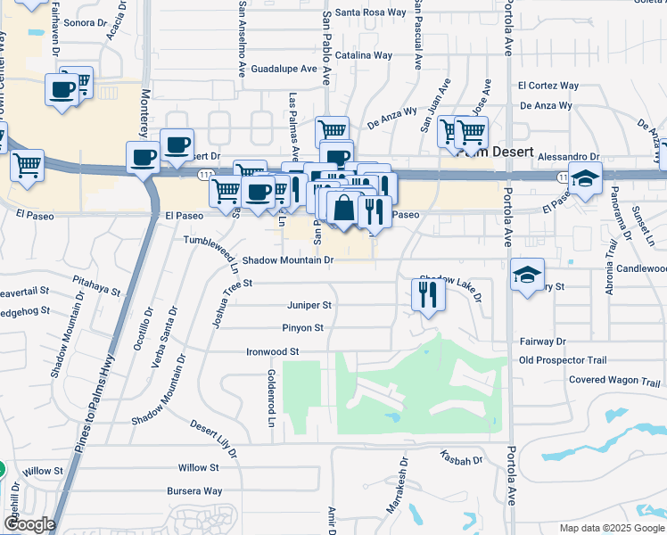 map of restaurants, bars, coffee shops, grocery stores, and more near 73535 Joshua Tree Street in Palm Desert