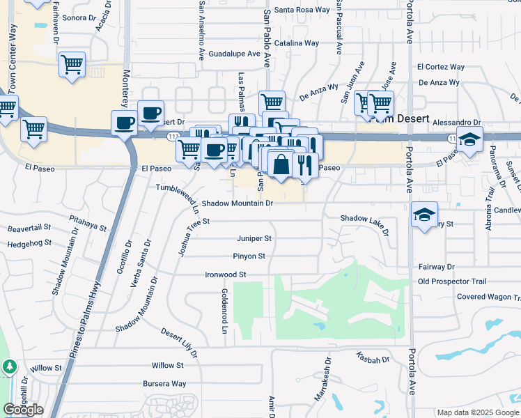 map of restaurants, bars, coffee shops, grocery stores, and more near 73426 Joshua Tree Street in Palm Desert