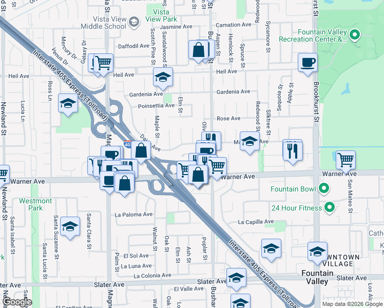 map of restaurants, bars, coffee shops, grocery stores, and more near 16925 Plumas Court in Fountain Valley