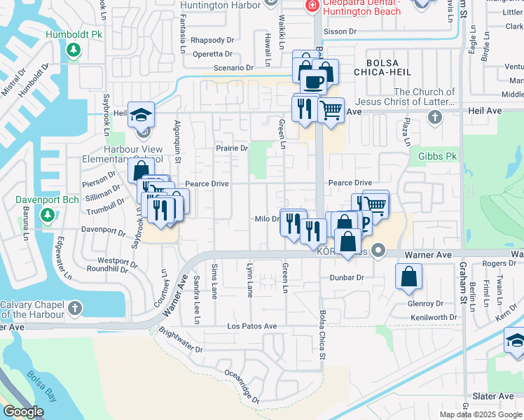 map of restaurants, bars, coffee shops, grocery stores, and more near 16862 Lynn Lane in Huntington Beach