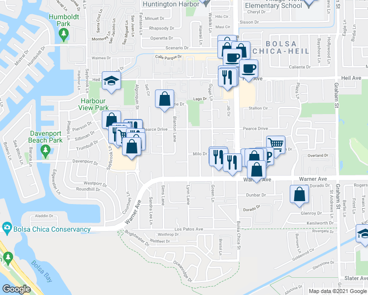 map of restaurants, bars, coffee shops, grocery stores, and more near 16862 Lynn Lane in Huntington Beach
