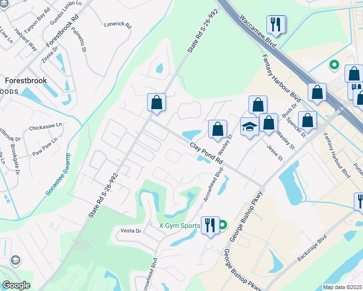 map of restaurants, bars, coffee shops, grocery stores, and more near 3807 Williamson Circle in Myrtle Beach