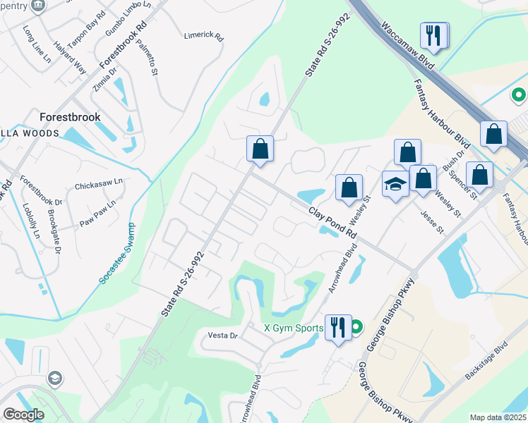 map of restaurants, bars, coffee shops, grocery stores, and more near 755 Burcale Road in Myrtle Beach