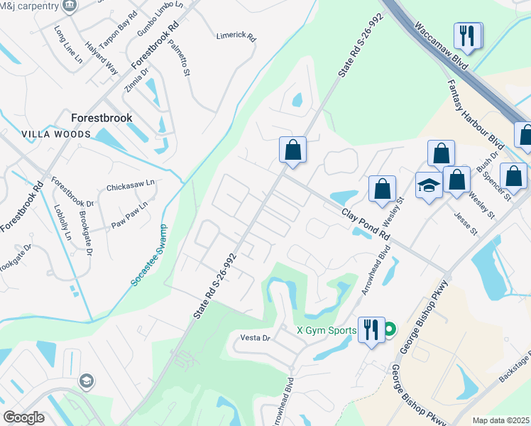 map of restaurants, bars, coffee shops, grocery stores, and more near 803 Burcale Road in Myrtle Beach