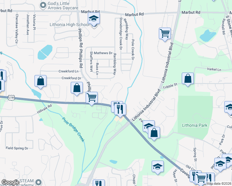 map of restaurants, bars, coffee shops, grocery stores, and more near 6537 Wellington Chase Court in Lithonia