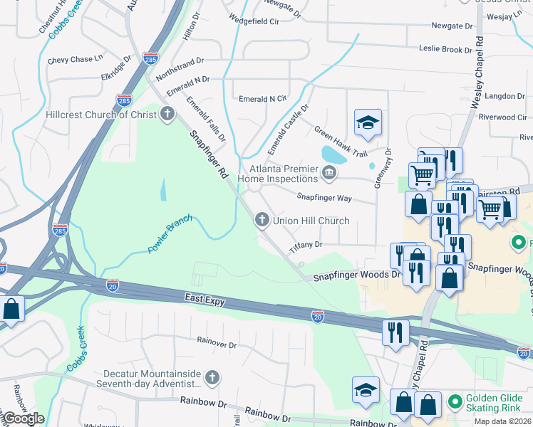 map of restaurants, bars, coffee shops, grocery stores, and more near 2421 Tiffany Place in Decatur