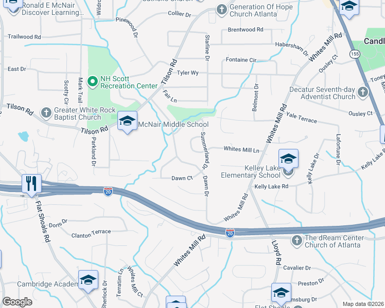 map of restaurants, bars, coffee shops, grocery stores, and more near 2478 Dawn Drive in Decatur