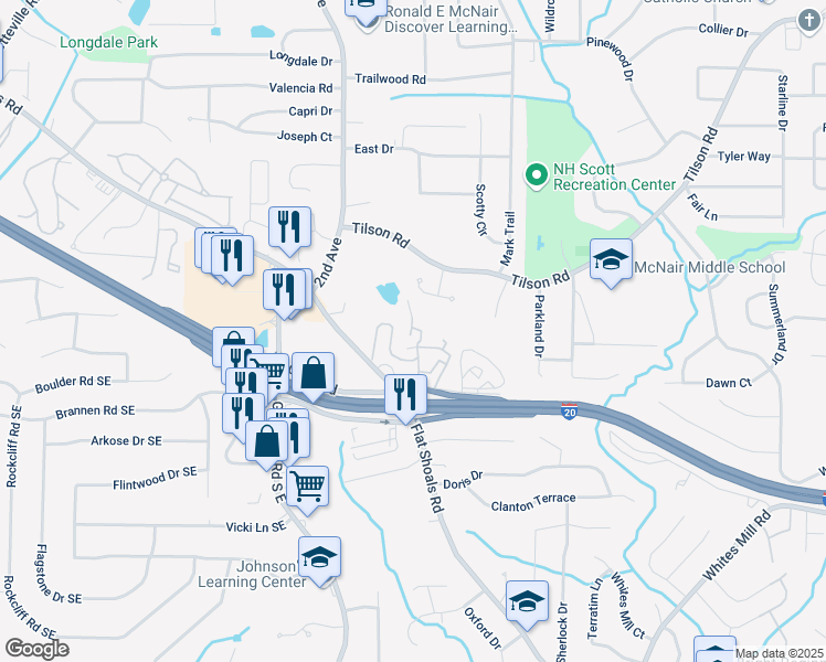 map of restaurants, bars, coffee shops, grocery stores, and more near 2520 Flat Shoals Road in Decatur