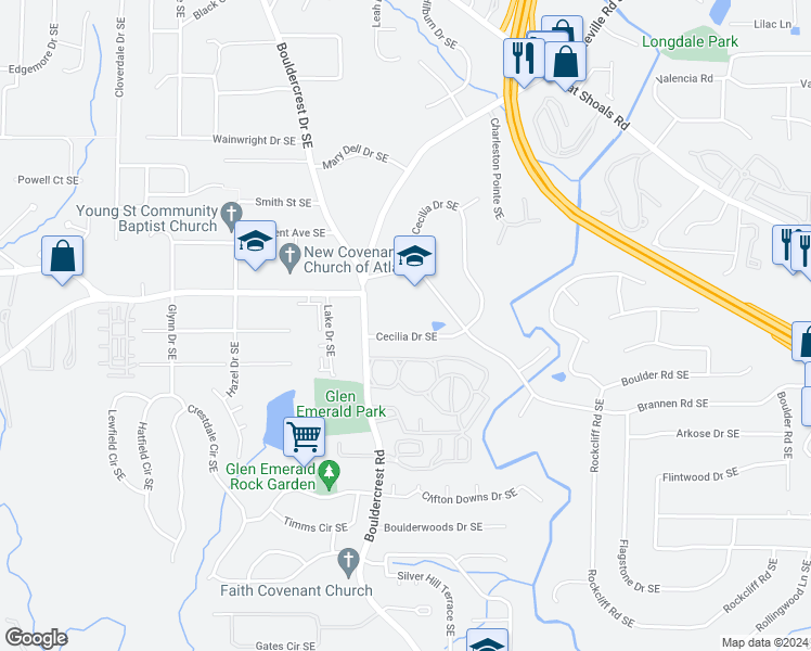 map of restaurants, bars, coffee shops, grocery stores, and more near 1516 Cecilia Drive Southeast in Atlanta