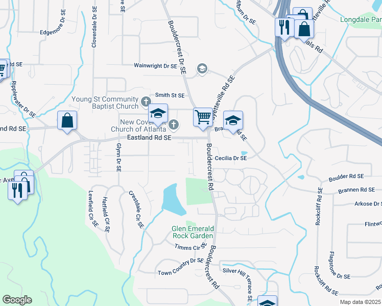 map of restaurants, bars, coffee shops, grocery stores, and more near 2422 Lakeshore Lane in Atlanta