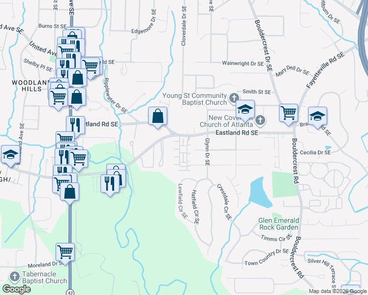 map of restaurants, bars, coffee shops, grocery stores, and more near 1353 Shackleford Drive in Atlanta