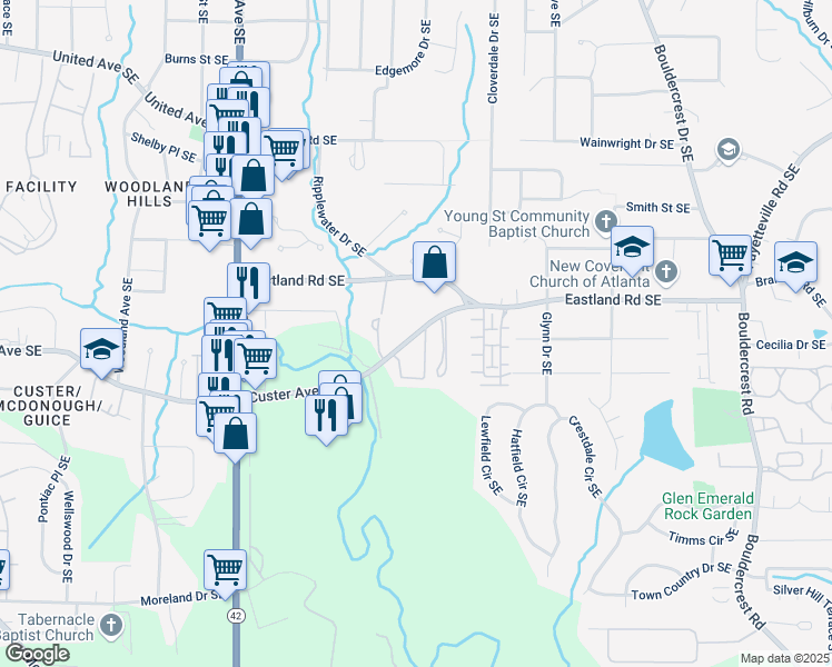 map of restaurants, bars, coffee shops, grocery stores, and more near 1401 Custer Avenue Southeast in Atlanta
