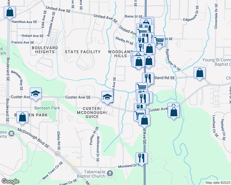 map of restaurants, bars, coffee shops, grocery stores, and more near 1354 Woodland Avenue Southeast in Atlanta