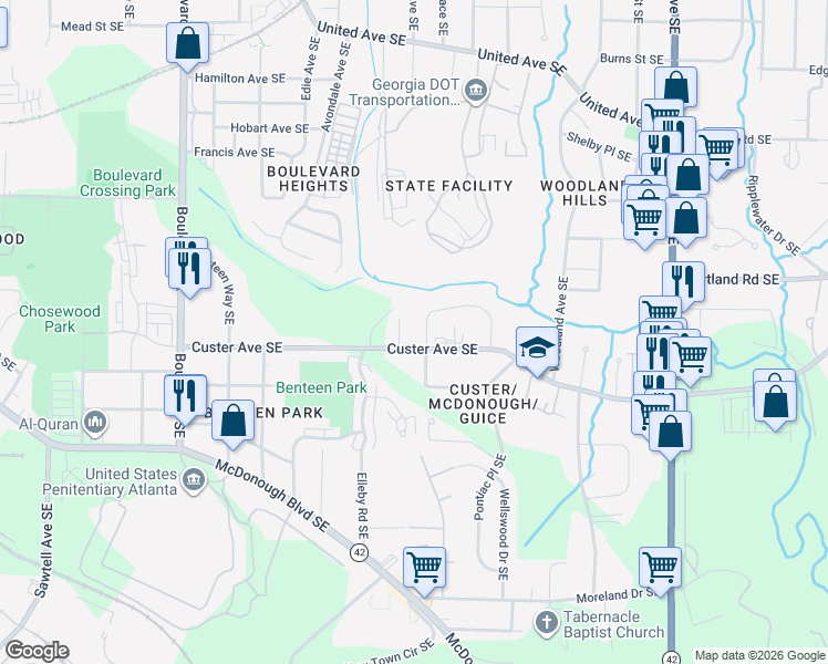 map of restaurants, bars, coffee shops, grocery stores, and more near 881 Custer Avenue Southeast in Atlanta