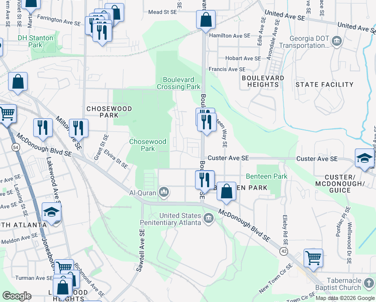 map of restaurants, bars, coffee shops, grocery stores, and more near 1359 Park Avenue Southeast in Atlanta