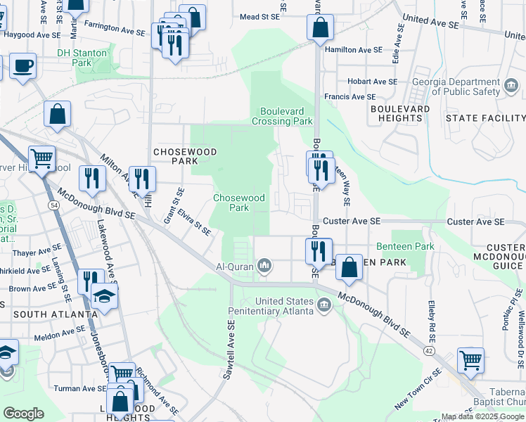 map of restaurants, bars, coffee shops, grocery stores, and more near 1366 Gault Street Southeast in Atlanta