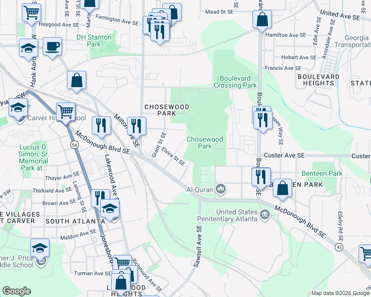 map of restaurants, bars, coffee shops, grocery stores, and more near 1342 Miller Reed Avenue Southeast in Atlanta