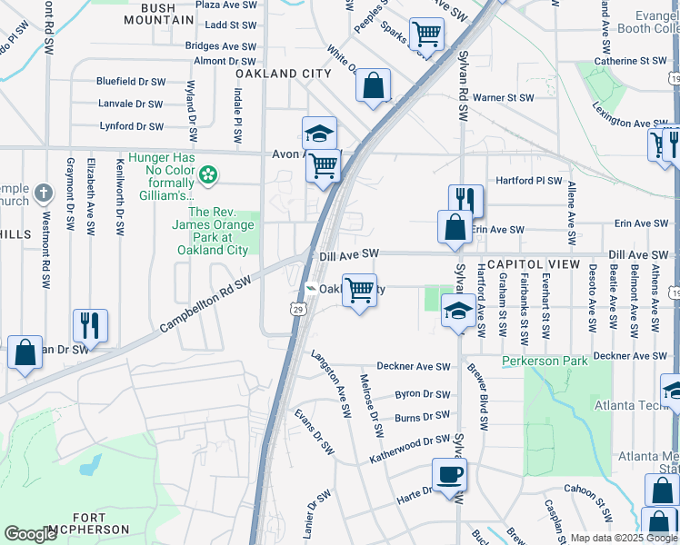 map of restaurants, bars, coffee shops, grocery stores, and more near in Atlanta