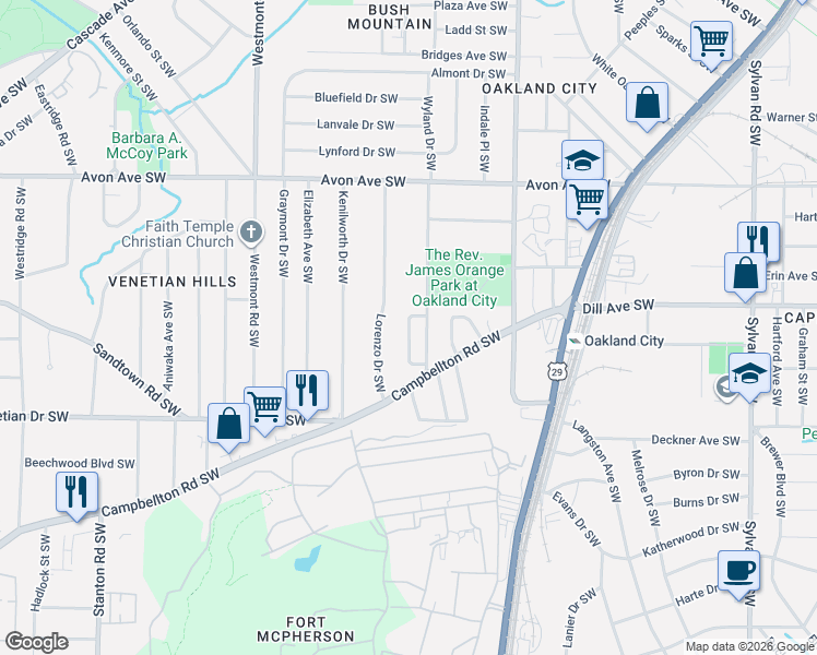 map of restaurants, bars, coffee shops, grocery stores, and more near 1393 Byrere Terrace Southwest in Atlanta
