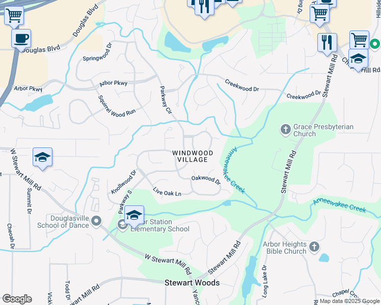 map of restaurants, bars, coffee shops, grocery stores, and more near 6664 Windwood Circle in Douglasville