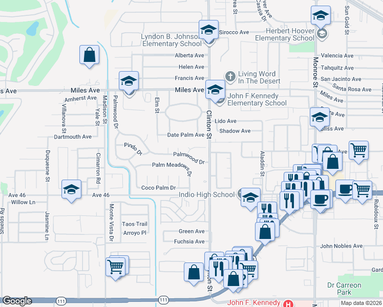 map of restaurants, bars, coffee shops, grocery stores, and more near 81402 Palmwood Drive in Indio