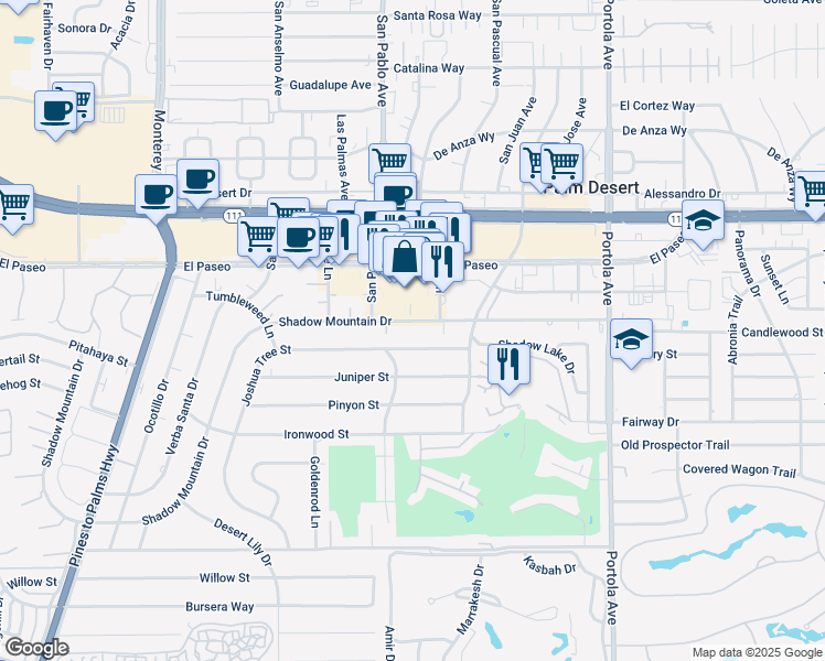 map of restaurants, bars, coffee shops, grocery stores, and more near 73555 Shadow Mountain Drive in Palm Desert