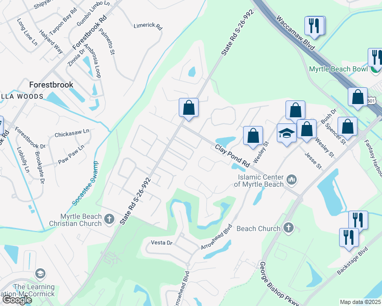 map of restaurants, bars, coffee shops, grocery stores, and more near 755 Burcale Road in Myrtle Beach