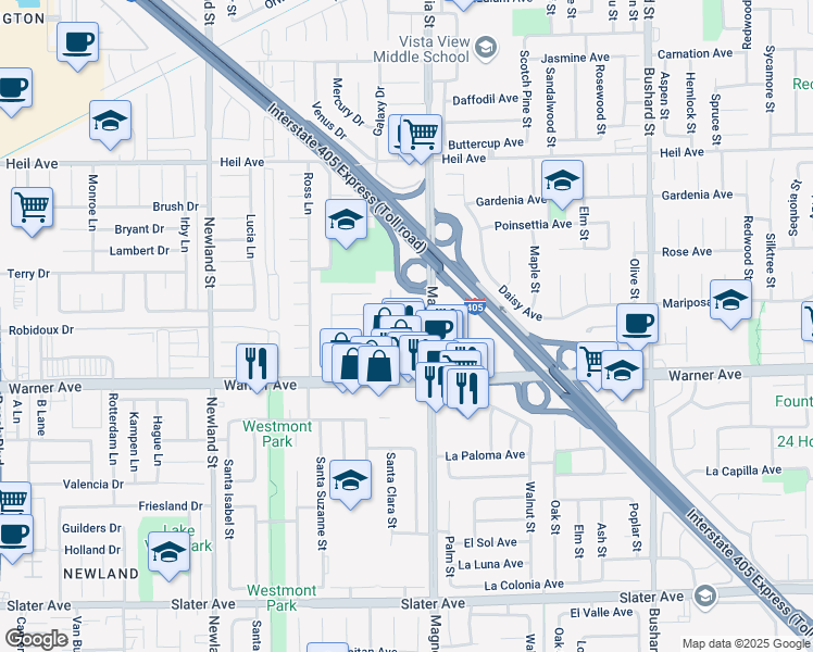 map of restaurants, bars, coffee shops, grocery stores, and more near 8945 Riverbend Drive in Huntington Beach