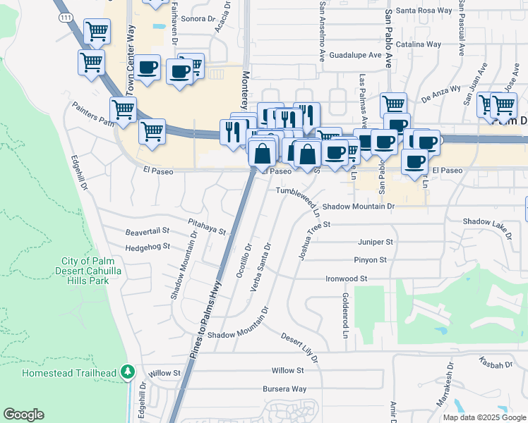 map of restaurants, bars, coffee shops, grocery stores, and more near 45631 Verba Santa Drive in Palm Desert