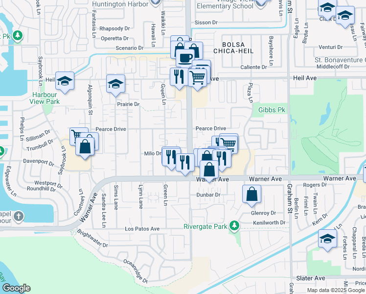 map of restaurants, bars, coffee shops, grocery stores, and more near 4971 Shark Drive in Huntington Beach