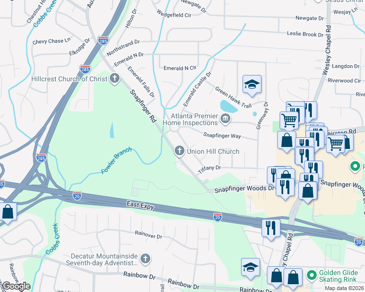 map of restaurants, bars, coffee shops, grocery stores, and more near 2421 Tiffany Place in Decatur