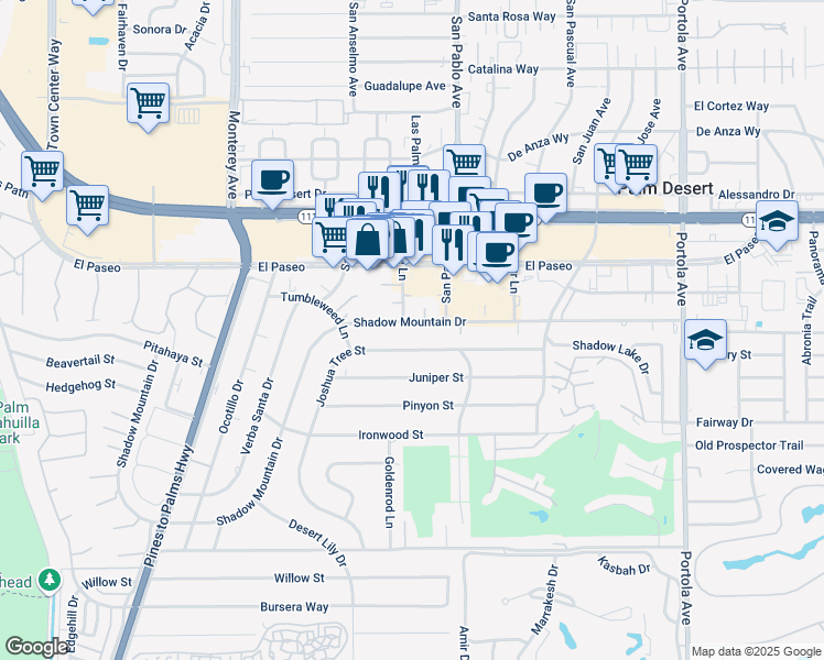 map of restaurants, bars, coffee shops, grocery stores, and more near 73338-73348 Joshua Tree Street in Palm Desert